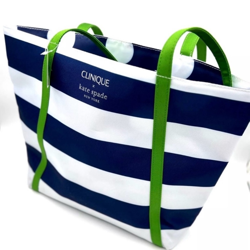 Clinique Striped Tote Bag with Green Handles